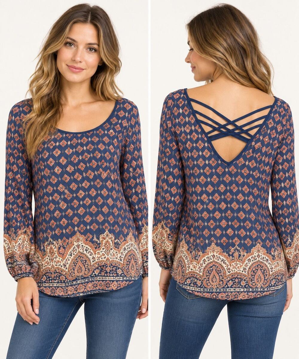 Miss Daisy Blue Boho Border Print Top S